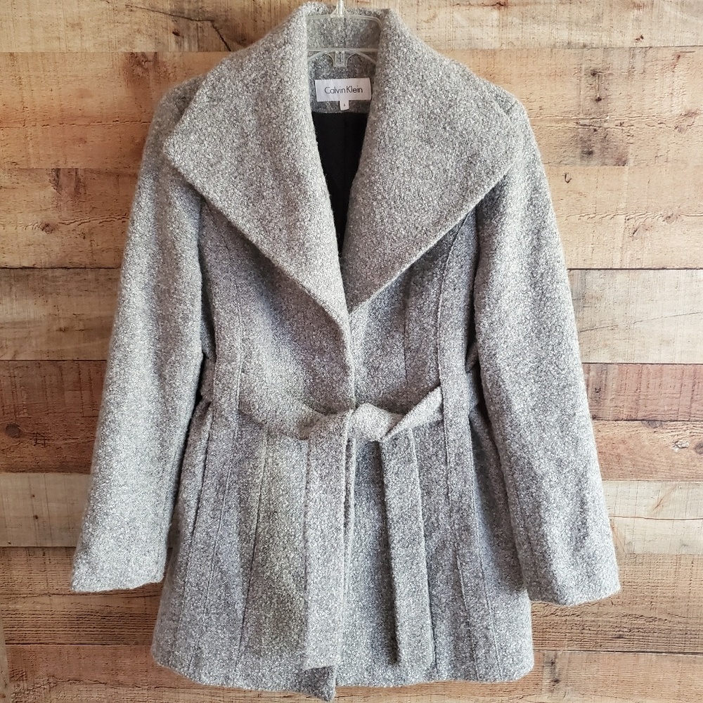 Calvin Klein wool blend tie waist peacoat